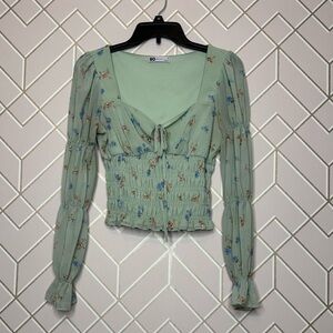 SO Mint Floral Smocked Blouse Medium